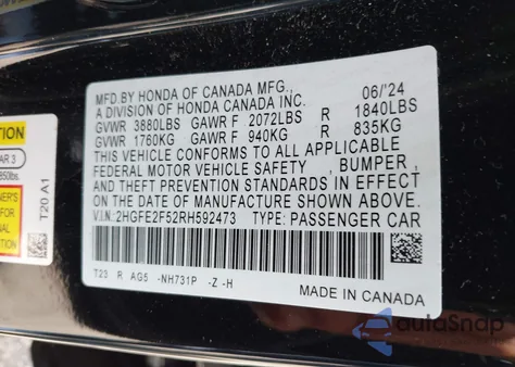 2024 Honda Civic Sport из США, поврежденный, VIN 2HGFE2F52RH592473